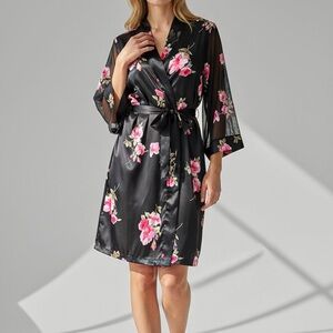 Vintage 90s Kimono Wrap Robe S Boudoir Belted Pockets Black Pink Floral Satin